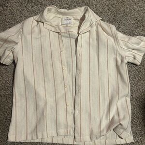 Denim & Flower Cream Button-Up Short-Sleeve Dress Shirt with Tan Stripes